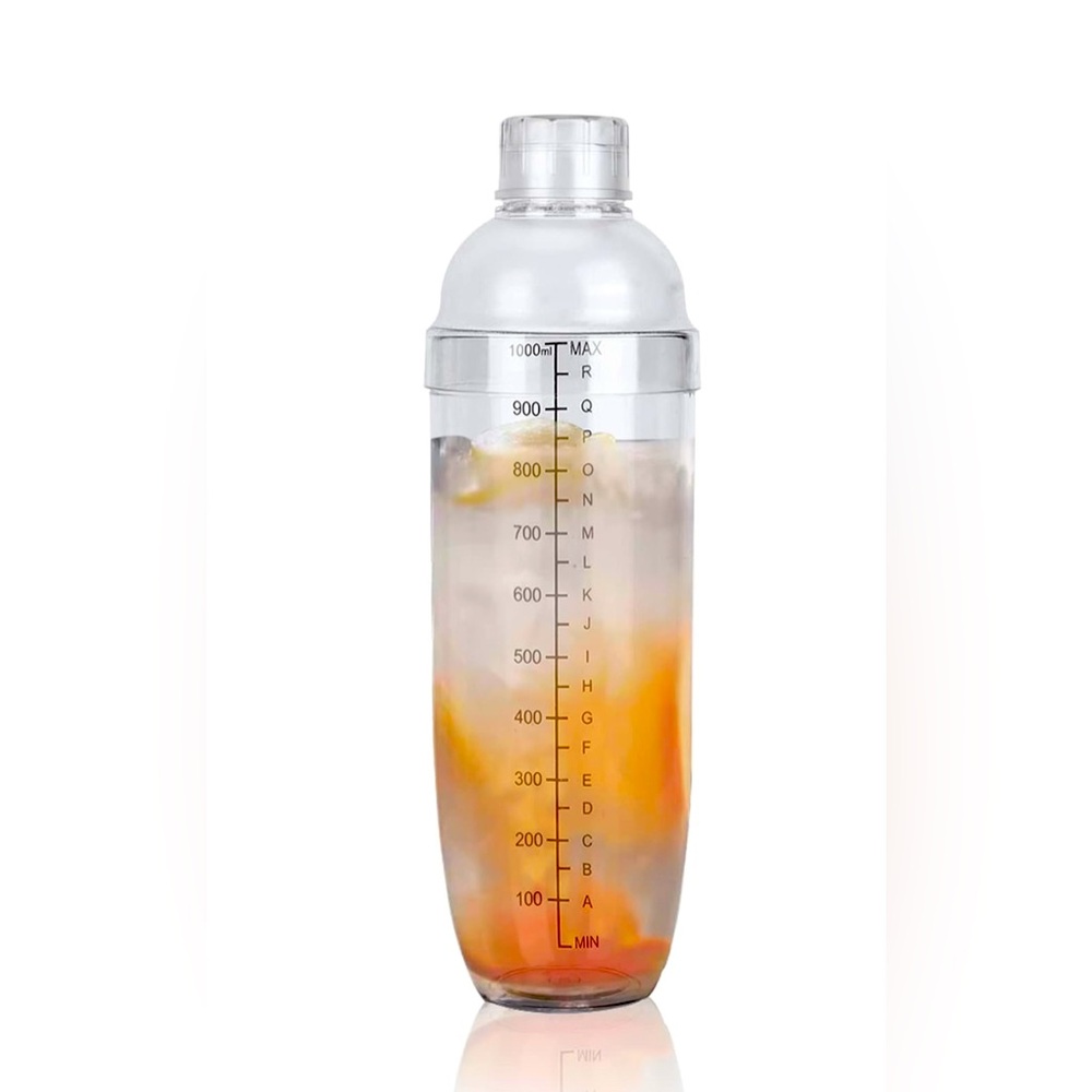 1000ml Cocktail Shaker Clear Plastic Built-In Strainer Measuring 33oz